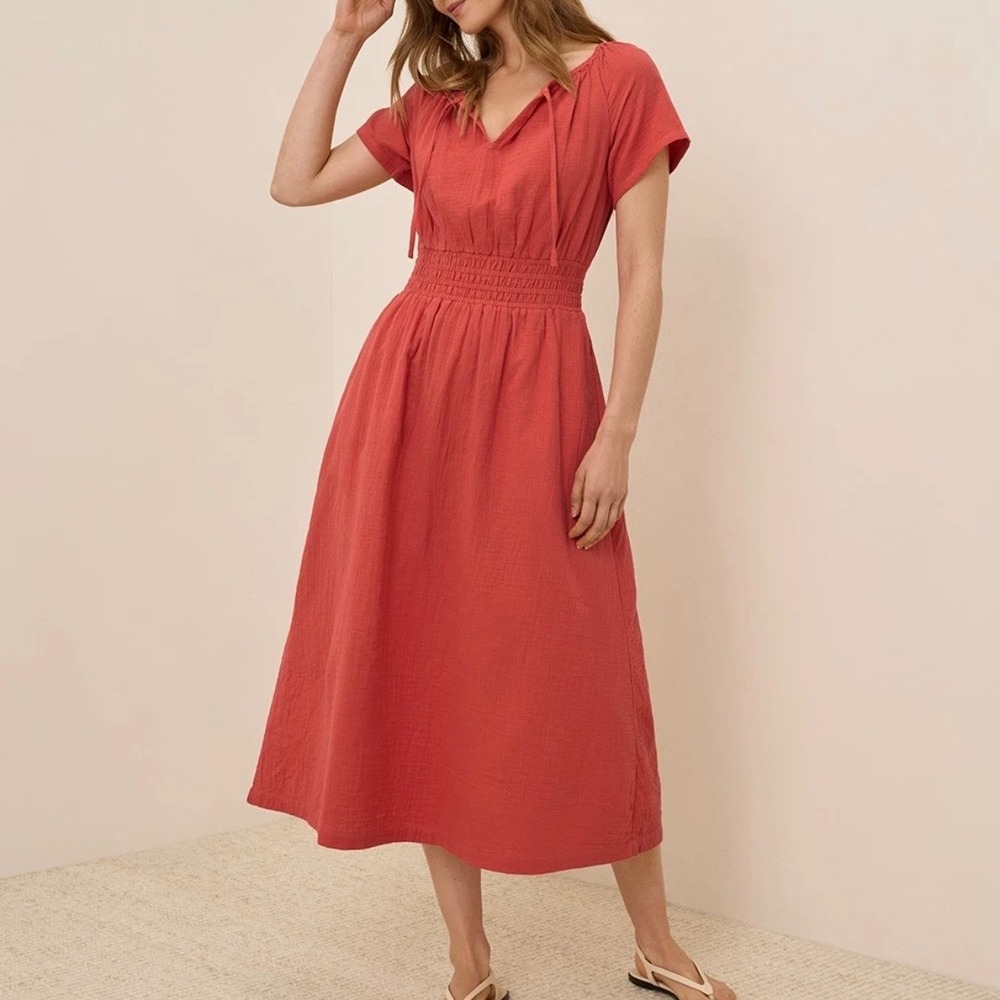 Pact Organic Coastal Midi Dress Womens M Kumquat Double Gauze Smocked Boho